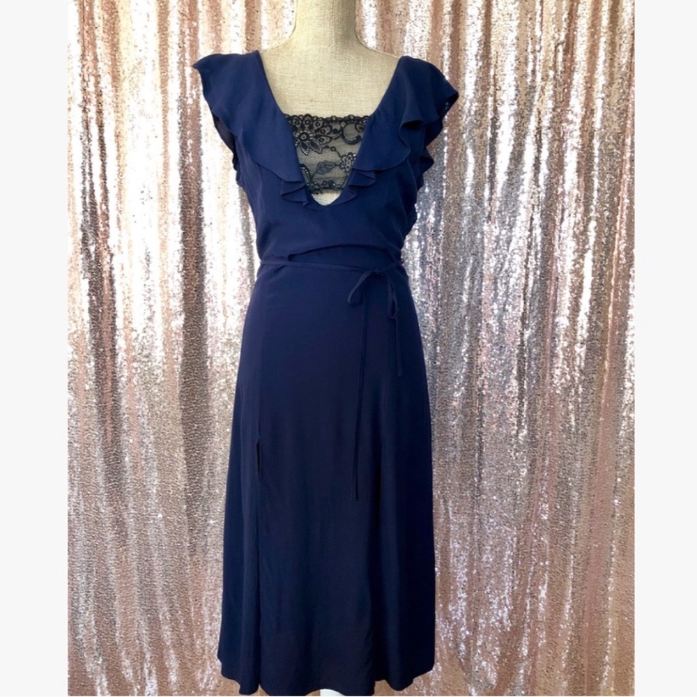 Navy Blue & Black Lace Plunging Double Split Hem Midi Slip Dress - Picture 2 of 10